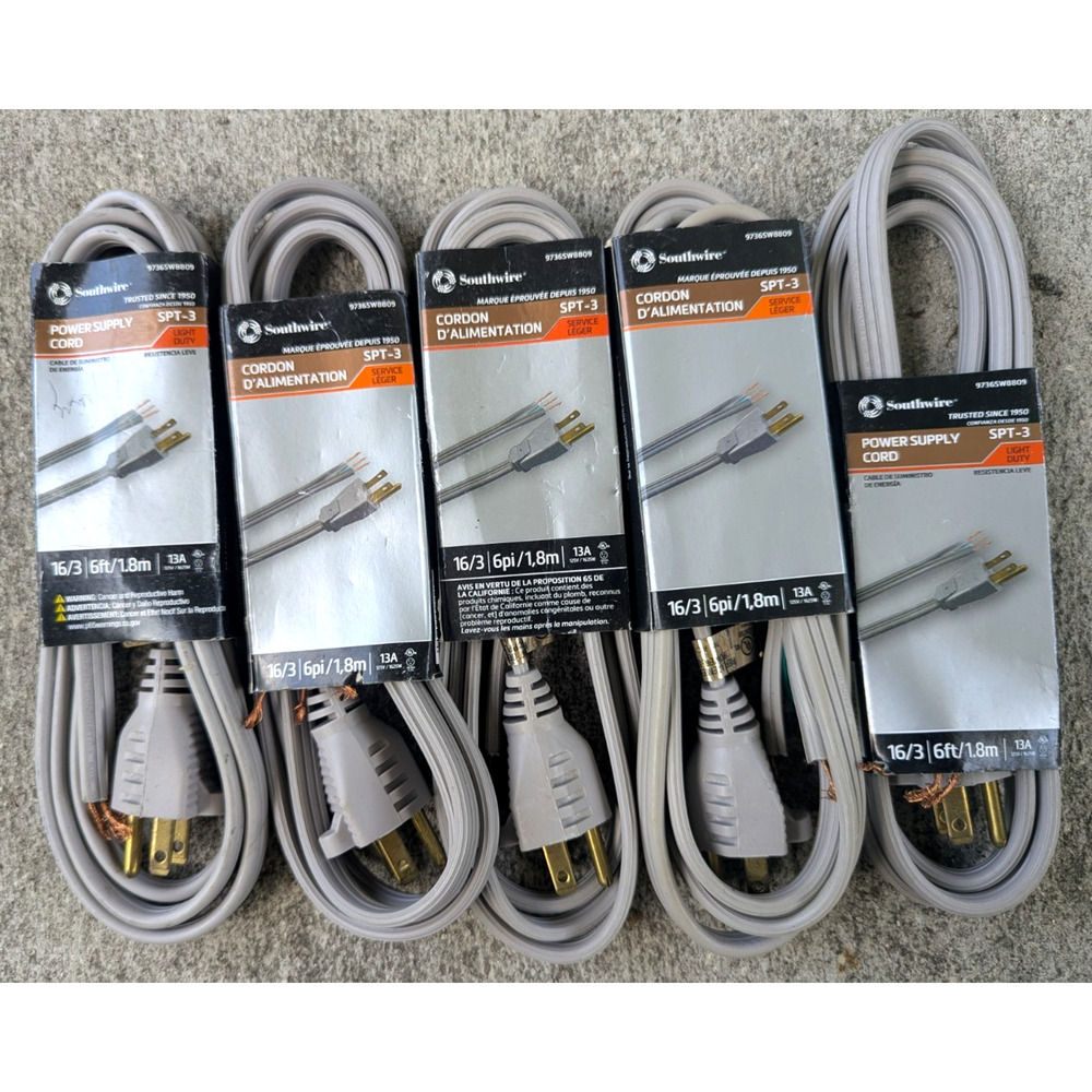 Southwire 6-ft 13 Amp 3 Prong Power Supply Cord SPT-3 Light Duty Lot of 5